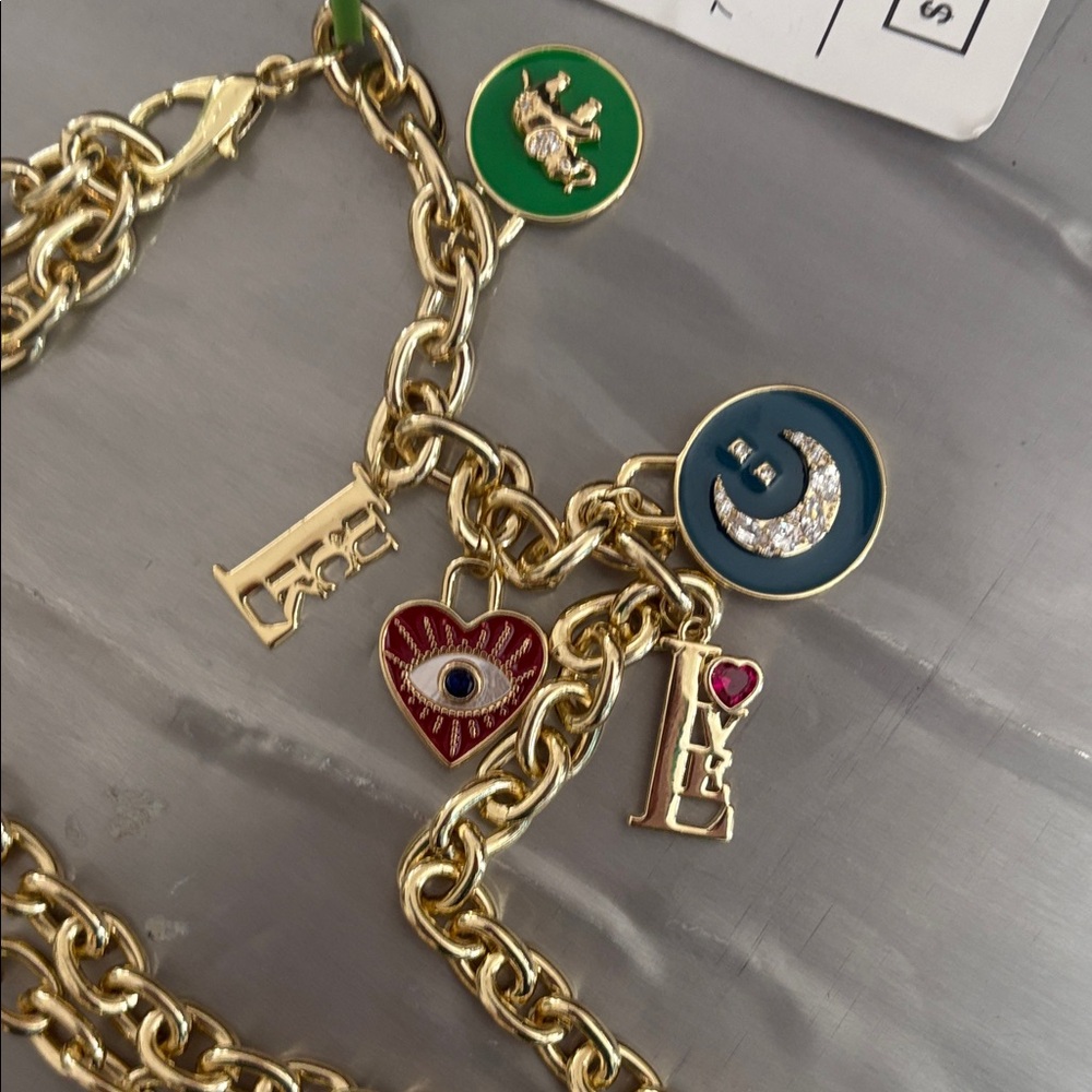 NWT- Kate Spade Gold Chain Belt with 5 charms + Kate Spade sphere, S/M